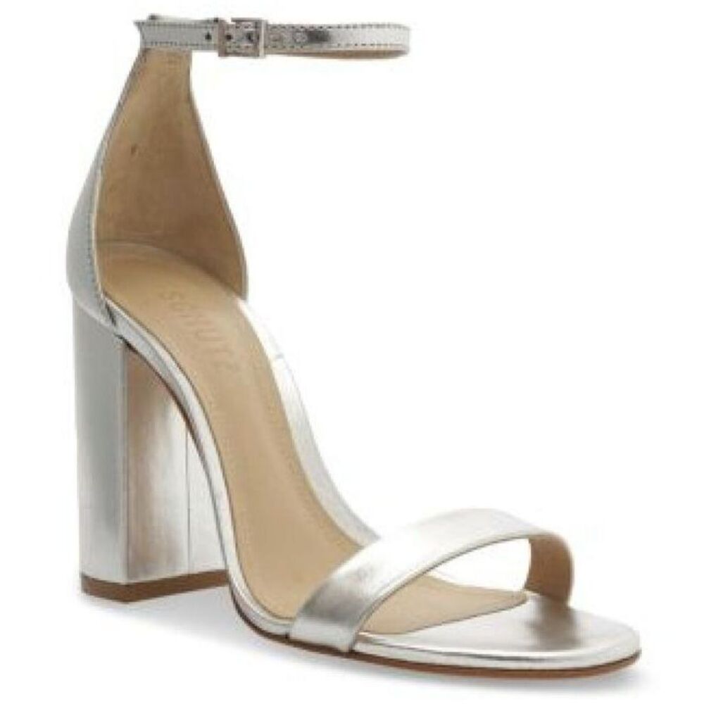 Schutz Block Heel Sandal 9.5 Ankle Strap Glam Wedding Formal Dressy Silver Cadey